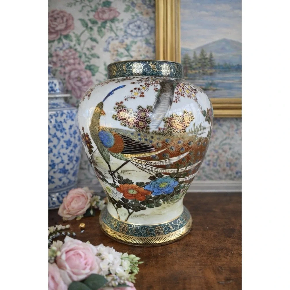 Hand Painted Kutani Vase Peacock Floral Gold Gilt Japan Mid Century Stunning